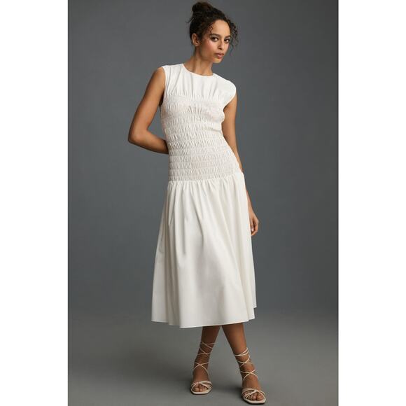 EUC Mare Mare x Anthropologie White Smocked Midi Dress - Large - Picture 1 of 4